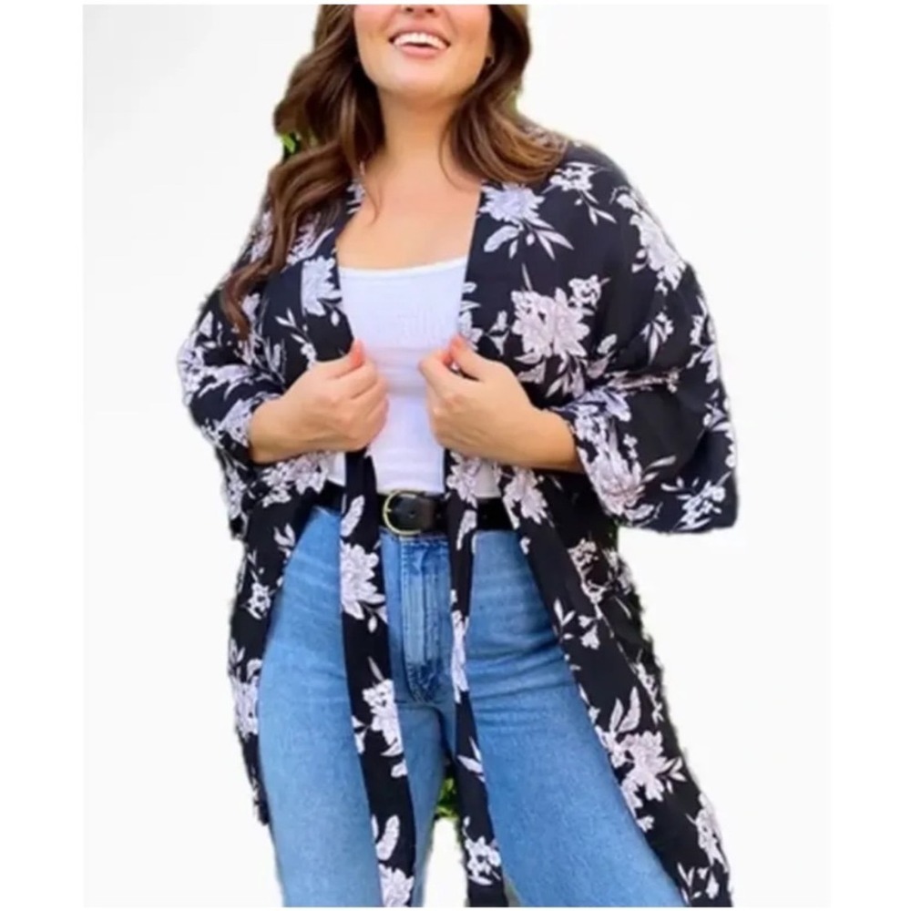 Spiritual Gangster Floral Kimono Robe Black White Gratitude Rayon OS Duster
